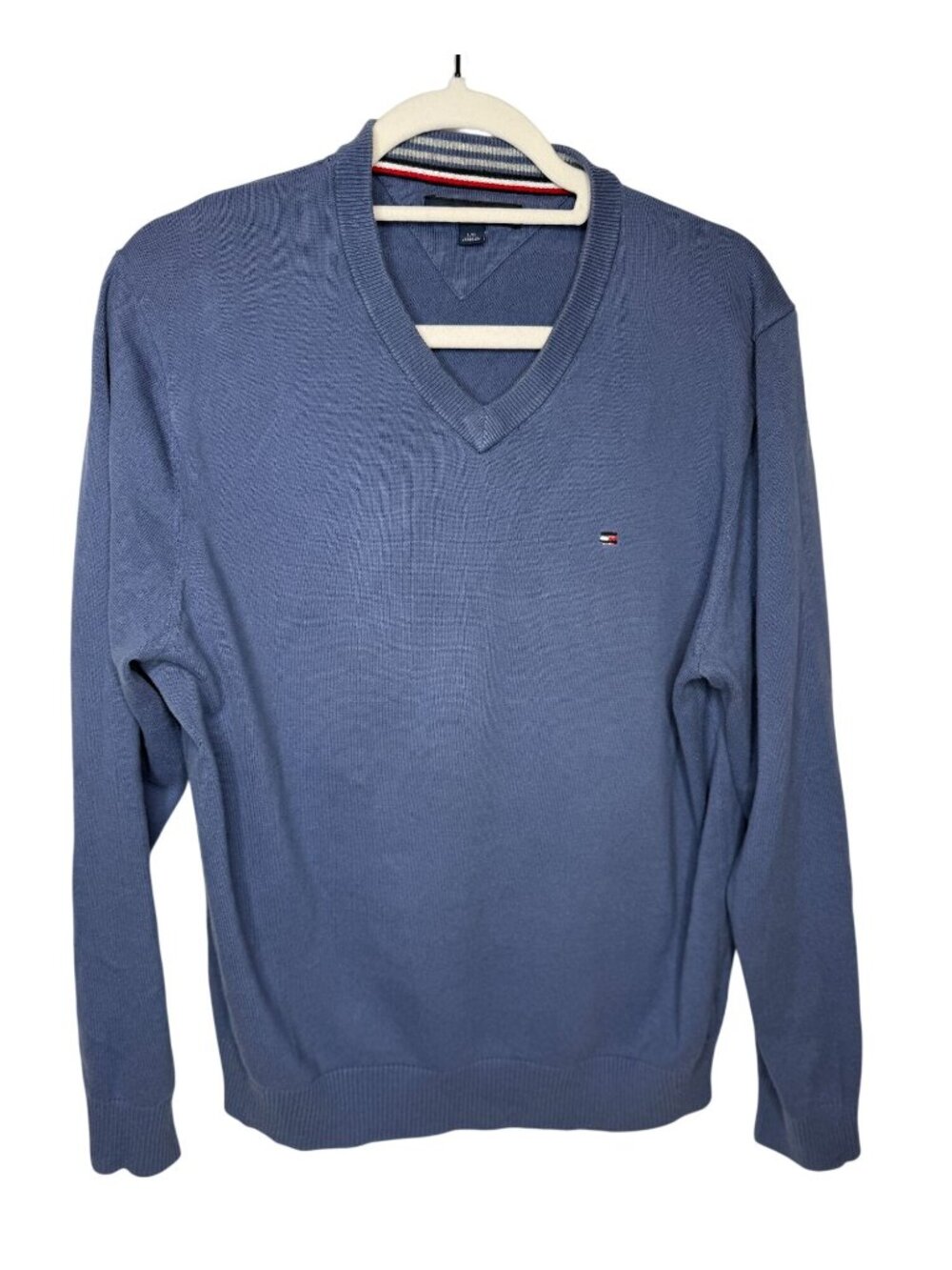 Tommy Hilfiger Mens Large V Neck Sweater Blue Cotton Classic Preppy